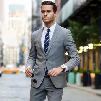 Серый клетчатый приталенный костюм, деловой повседневный костюм для мужчин, одежда жениха, пиджак с отворотом, 2 предмета, блейзер + брюки, костюм Homme