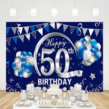 Синий Серебристый фон с 50-летием со Дня Рождения, украшение баннера, принадлежности для вечеринок, фон для фотосъемки пятидесятилетнего плаката, мужчины, женщины