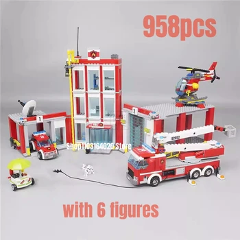 строительные блоки пожарной станции 958шт Модель вертолета пожарной машины Подходит для 60110 Игрушек для детей Рождественский подарок