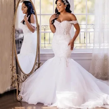 Сшитые на заказ Свадебные платья Африканской Белой Русалки для женщин, роскошные Свадебные платья невесты с открытыми плечами, бусы, кружева, Vestido De Novia