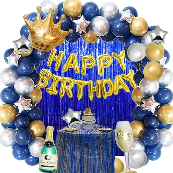 Темно-синие, золотые и серебряные гирлянды из воздушных шаров, украшающие фон для вечеринки по случаю дня рождения мальчика, девочки, взрослого
