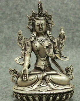 украшение Тибет медь серебро Тибет Серебро Буддизм Joss Protect Lotus 7 Eyes Статуя богини белой Тары Будды