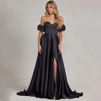 Черное вечернее платье WEIYIN с короткими рукавами в пол и разрезом сбоку для выпускного вечера Arabia Dubai Vestido de festa