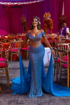 Элегантные вечерние платья королевского синего цвета с открытыми плечами, расшитые бисером, кристаллы, жемчуг, арабские вечерние платья, платье для выпускного вечера на свадьбу 2023 года по индивидуальному заказу