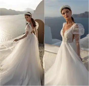 Элегантные пляжные свадебные платья с кружевной аппликацией, трапециевидное свадебное платье в стиле бохо с глубоким V-образным вырезом, большие размеры, свадебные халаты с длинным рукавом и открытой спиной.