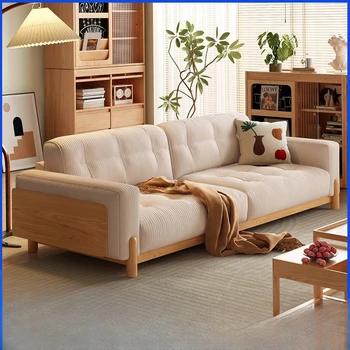 Японский диван небольшая квартира из массива дерева простая современная гостиная бревно ветер кремовый кошачий захват ткань вельветовый диван